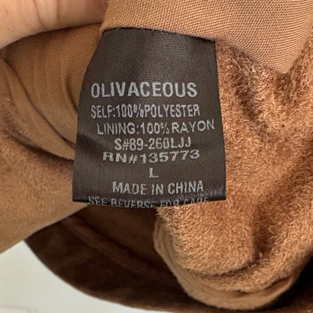 Olivaceous Brown Faux Suede Moto Jacket Size Large | Soft Zip-Up Biker Style - Picture 4 of 14